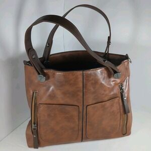 Brown Soft Vegan Leather‎ Satchel Handbag Multi-Pocket Organizer Purse  NEW